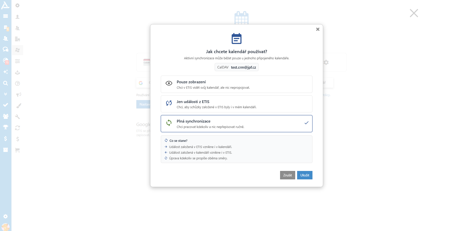 Tři režimy synchronizace kalendáře v ETIS