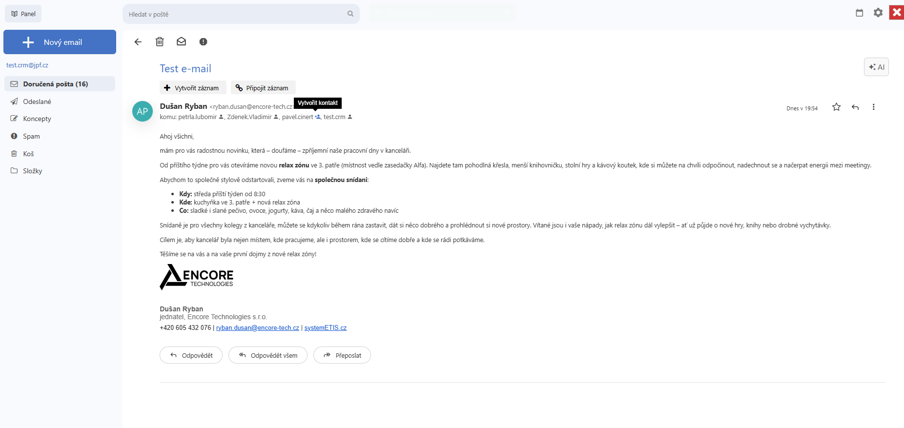 Vytváření kontaktů jedním kliknutím přímo z emailu