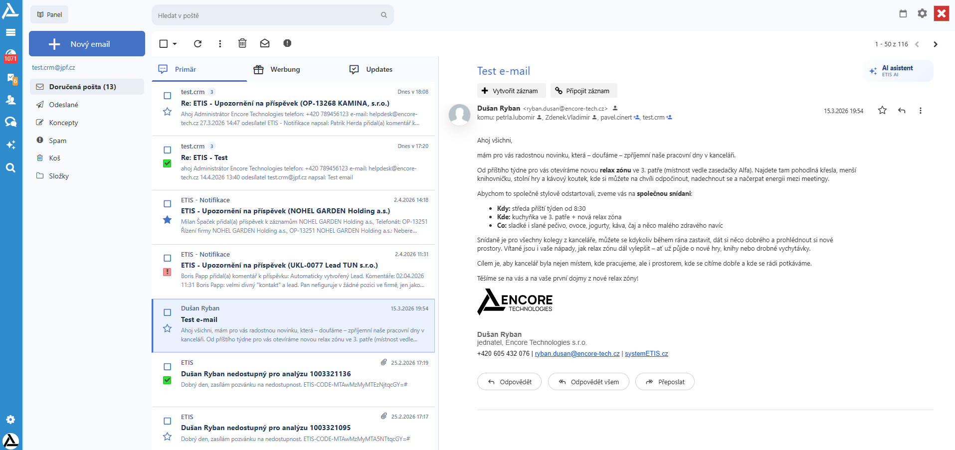 Split režim v emailech – seznam a detail vedle sebe